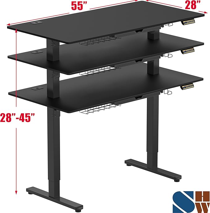 SHW 55 x 28 Inches Electric Height Adjustable Standing Desk with Drawer and Memory Preset Black