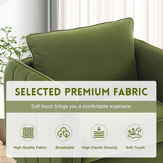 Mid Century Modern Accent Chair Comfy Upholstered Single Sofa Chair with Thick Cushion Velvet Armchair with Black Metal Legs Side Chair for Living Room Bedroom Apartment (Green)