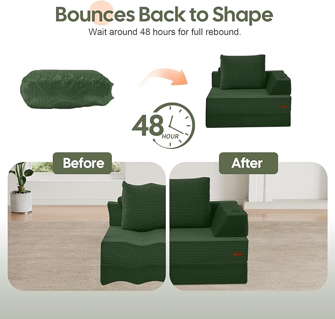COMAX Folding Sofa Bed Foldable Couch for Bedroom Corduroy Convertible Floor Sleeper Futon Chair Foam 3 in 1 Fold Out Chair Portable Comfy Lounge Couch Single Sofa Bed for Small Space Guest Room