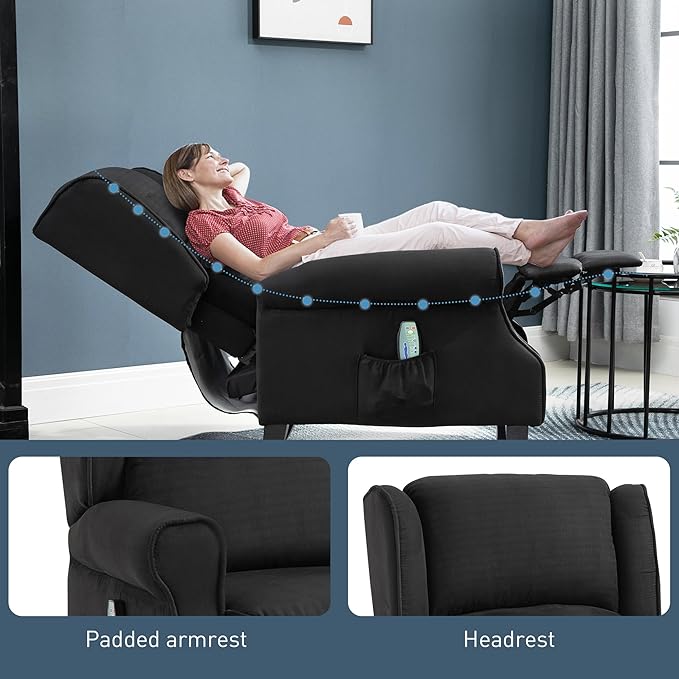 HOMCOM Vibration Massage Recliner Chair for Living Room with Heat Wingback Single Sofa Modern Suede Fabric Push Back Reclining Chair with Footrest Side Pocket Black