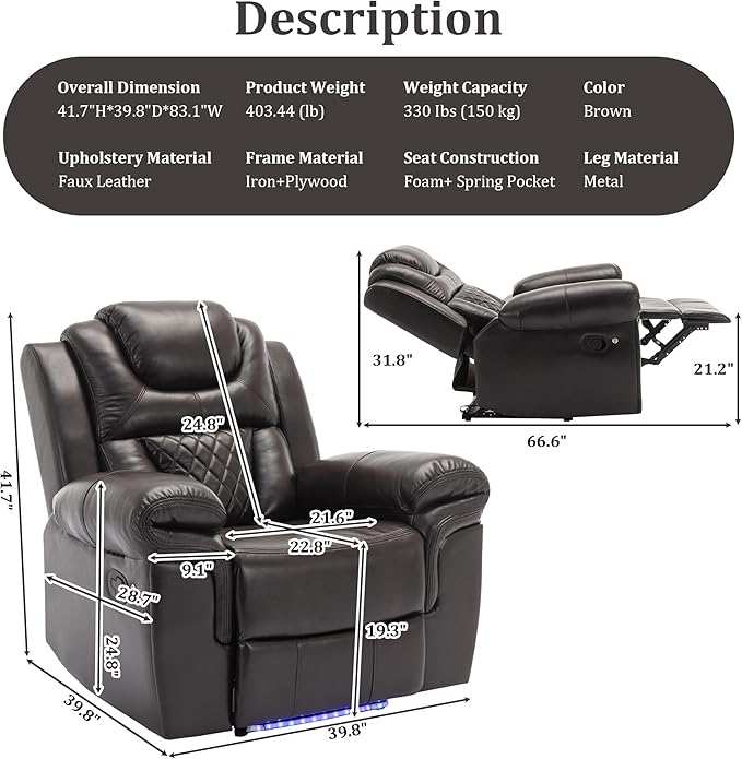 Leather Recliner Chair with Adjustable Backrest Modern Home Theater Seating with LED Light Strip for Living Room Bedroom Home TheaterRV(Brown)