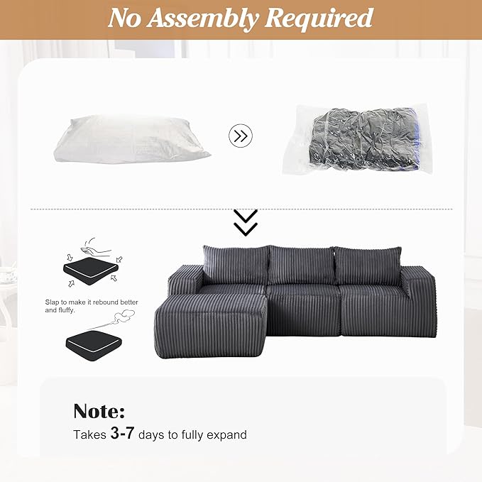 101 Cloud Sectional Couch Memory Foam Comfy Modular Sectional Sofa with Ottoman Corduroy Boneless Couches with Deep Seat L-Shaped Sofa for Living Room No Assembly Required (Dark Gray) | Deep Seat