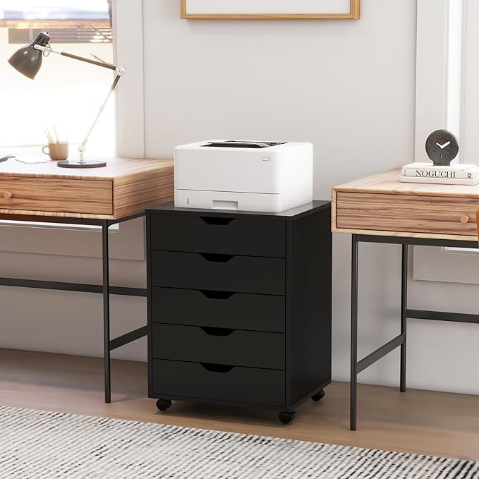 File Cabinet Mobile Filing Cabinet w/Universal Wheels &amp 5 Drawers Wood Printer Stand with Storage Rolling File Cabinets for Home Office Living Room Bedroom (Black 5 Drawers)