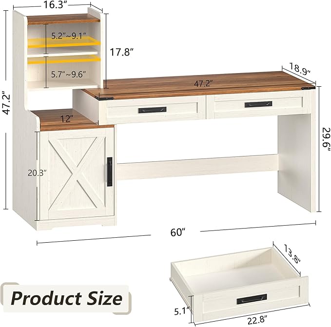 60'' Farmhouse Computer Desk with Drawers Home Office Desk with Bookcase Vanity Desk Writing Study Table with Storage Antique White