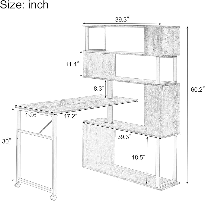 Vinsetto L-Shaped Home Office Computer Desk with Rotating Corner Table 5-Tier Bookshelf Lockable Casters Four Installation Methods 47.2 x 39.9 x 60.2 Black