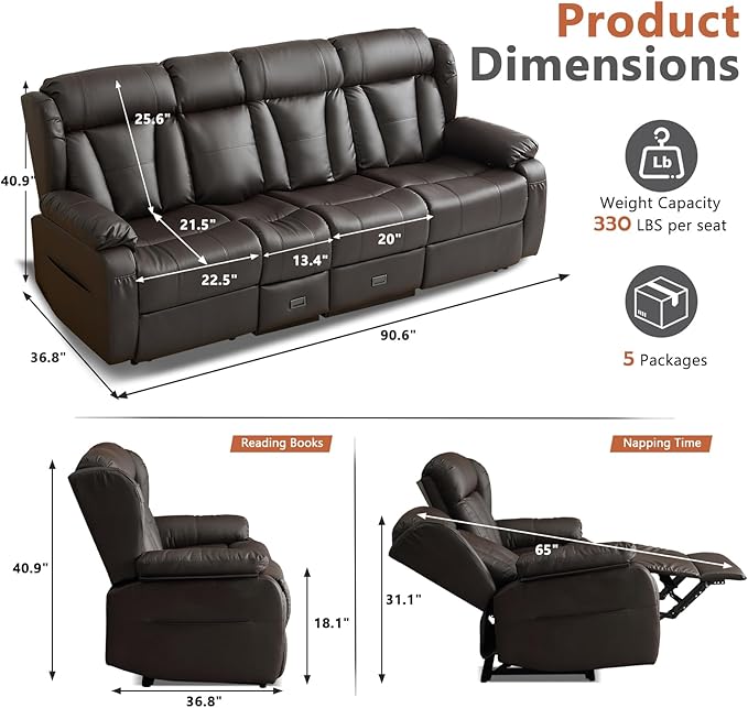 AHMED 3-Seat Manual Reclining Sofa Faux Leather Recliner Couch with Flip-Down Console Home Theater Seating with Cup Holders USB Ports &amp AC Outlet Storage Drawer for Living Room/RV Dark Brown