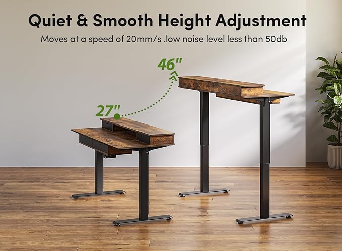 BANTI Height Adjustable Electric Standing Desk with 4 Drawers 48 x 24 Inch Table with Storage Shelf Sit Stand Desk Rustic Brown Top