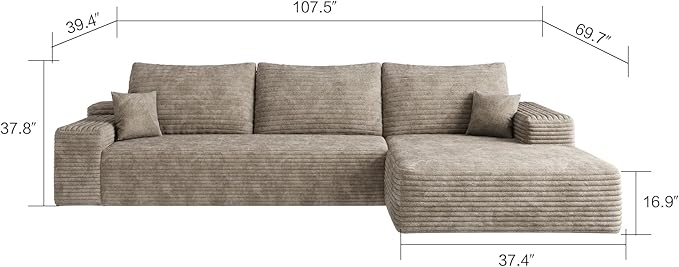 Oversized Chaise Lounge Chair Indoor Upholstered Sofa Bed for Living Room Corduroy Sleeper Couches Comfy Recliner Bedroom Reading Seat - Camel Left Armrest