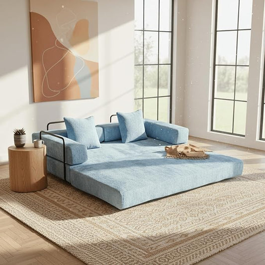 Alpen 77 Futon Couch Bed 4-in-1 Convertible Sleeper Queen with L-Shaped Armrests Floor Couch Beds Lazy Sofa for Living Room Bedroom Apartment Light Blue