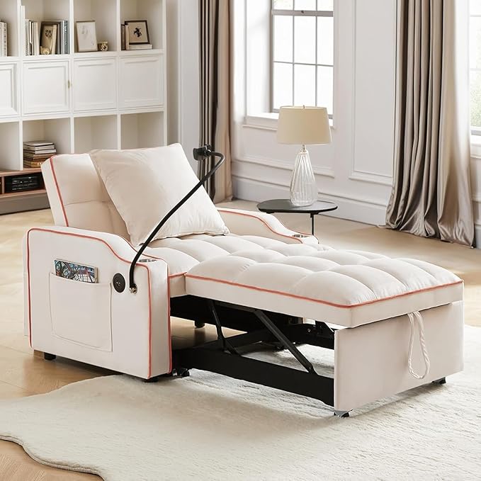 Sleeper Sofa Chair Bed 3 in 1 with Charging Ports Phone Holder &amp Cup Holders - Modern Velvet Convertible Pull Out Single Sofa Bed for Small Spaces Apartment Dorm (Beige)