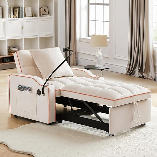 Sleeper Sofa Chair Bed 3 in 1 with Charging Ports Phone Holder &amp Cup Holders - Modern Velvet Convertible Pull Out Single Sofa Bed for Small Spaces Apartment Dorm (Beige)
