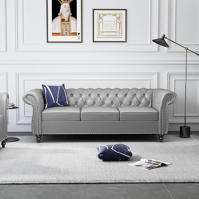 Chesterfield 3 Seater Sofa Modern Leather Tufted Couch 3 Seater with Rolled Arms and Nailhead Mid-Century Upholstered Couch for Living Room Bedroom Apartment and Office Grey