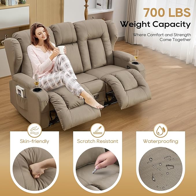 IPKIG 68 Loveseat Recliner Sofa - 3 Seater Reclining Sofa with Flip Middle Backrest Versatile Power Outlet Storage Drawer Cup Holders Lumbar Pillows Manual Recliner (Khaki 68 Loveseat)