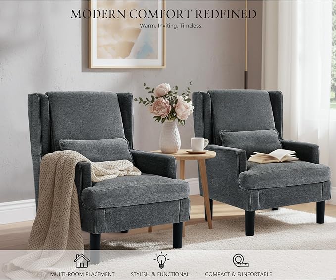 Modern Accent Chair for Living Room Chairs Oversized Reading Chair Accent Chairs for Living Room Sofa Chair with High Back and Wood Legs Upholstered Armchair Comfy Chair for Bedroom(Dark Green)