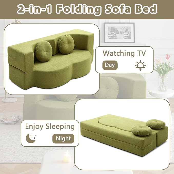 2-In-1 Futon Sofa Bed Foldable Couch with 2 Pillows Convertible Foldable Sofa Bed Folding Sofas Beds for Living Room Guest Room Apartment Office Lazy Sleeper Comfy No Assembly (Green)