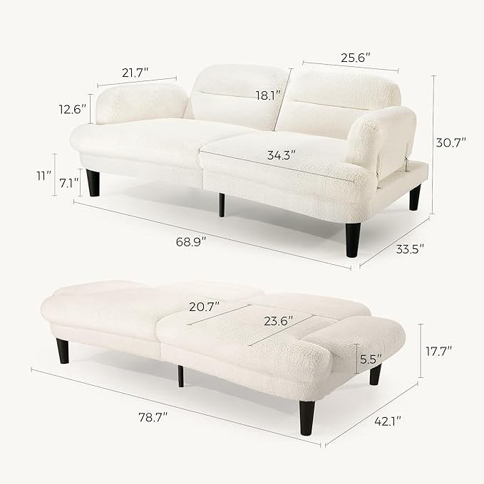79'' Futon Sofa Bed Plush Sherpa Cloud Futon Sofa Couch with Adjustable Backrest and Armrests Foam and Spring Folding Sofa Bed Convertible Recliner Sleeper Sofa for Apartment Living Room Beige