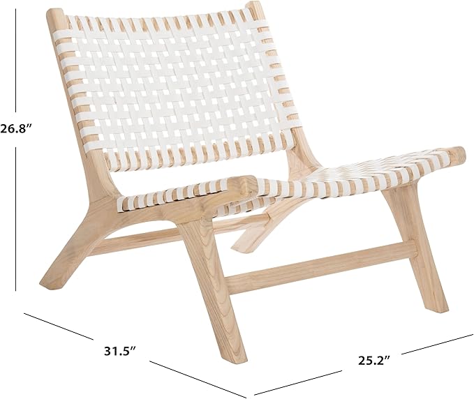SAFAVIEH Home Collection – Luna Natural Solid Wood &amp White Leather Woven Accent Chair Contemporary Lounge Chair Fully Assembled (ACH1002A)