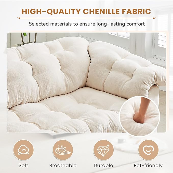 3-Seater Couch 94.8-inch Oversized Modern Comfy Tufted Chenille Fabric Cloud Fluffy Foam Deep Seat Soft Loveseat Sofa Couch for Living Room Bedroom Office Beige