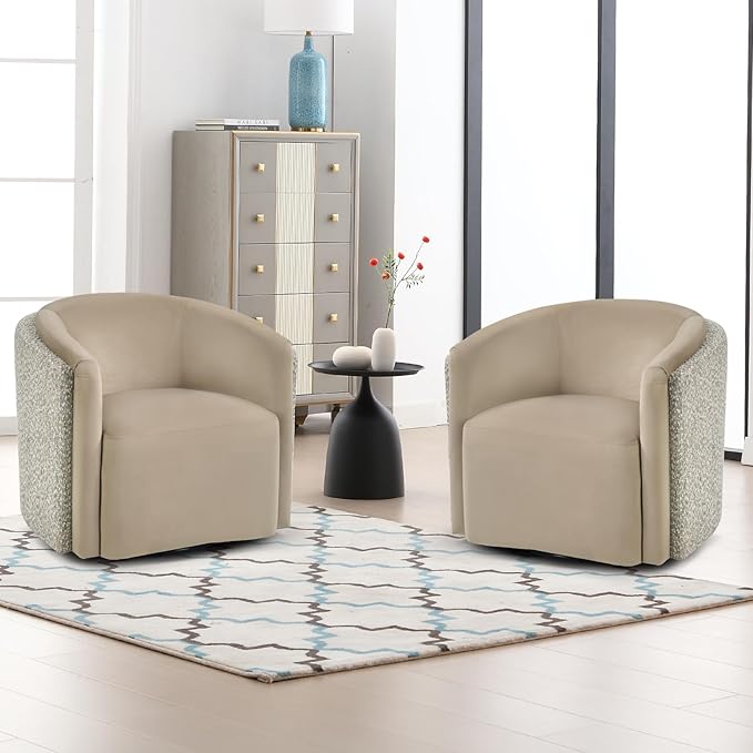 CANMOV Swivel Accent Chair 360° Swivel Barrel Chair with Armrest Modern Round Armchair for Living Room Bedroom No Assembly Brown&ampWhite