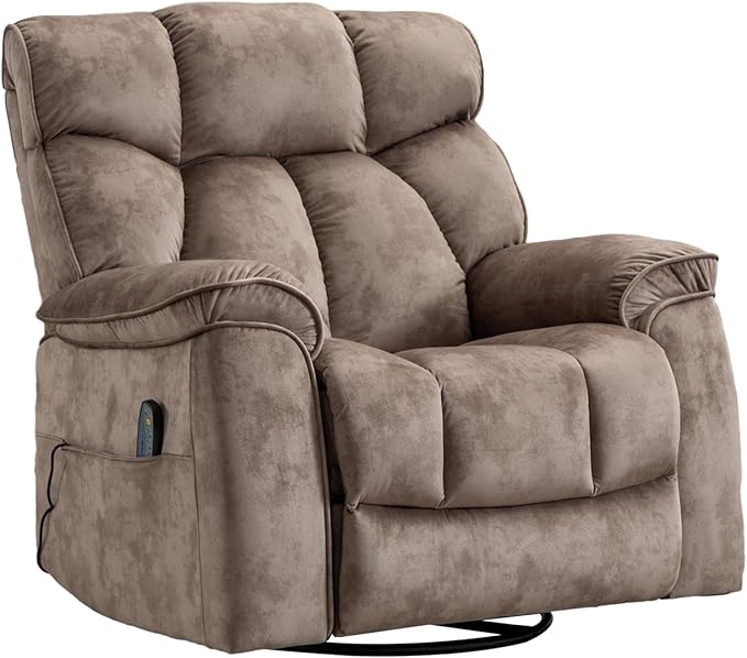 INZOY Oversized Rocker Recliner with Heat and Vibration Manual Swivel Rocking Recliner Chair with Vibrating Massage Comfy Padded Overstuffed Soft Fabric Heated ReclinerCamel