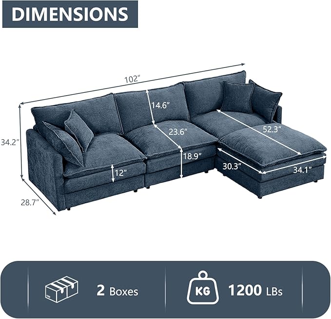 GNIXUU 102 Modular Sectional Sofa L Shaped Cloud Couch with Movable Ottoman &amp 4 Pillows Deep Seat Chenille 4 Seater Sectional Couches for Living Room Apartment (Blue)