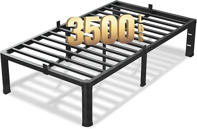 18 Inch Twin XL Bed Frame 3500Lbs Heavy Duty Metal Platform with Round Corner Legs Mattress Slide Stopper Steel Slat Support No Box Spring Needed Noise Free Non-Slip Easy Assembly