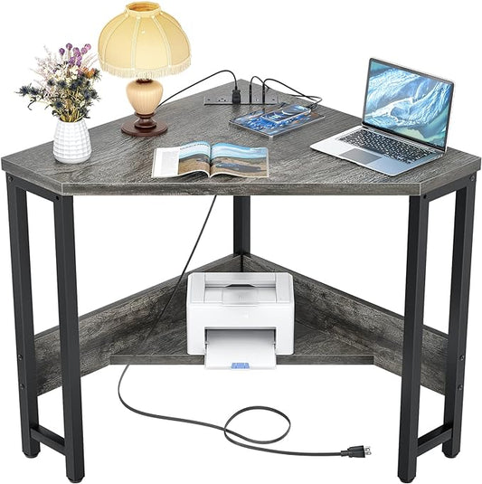 Armocity Corner Desk Small Desk with Outlets Corner Table for Small Space Computer Desk with USB Ports Triangle Desk with Storage for Home Office Workstation Living Room Bedroom Oak