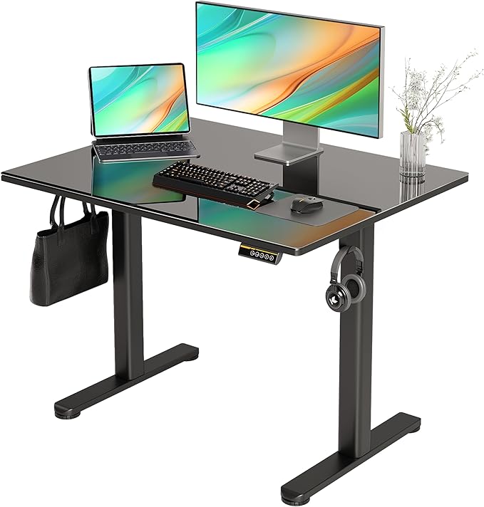 Glass Standing Desk 40 X 24 Inch Electric Stand Up Desk with Hook and Multi-Function Keyboard Quick Install Home Office Computer Desk (Black 40 X 24 Inch)