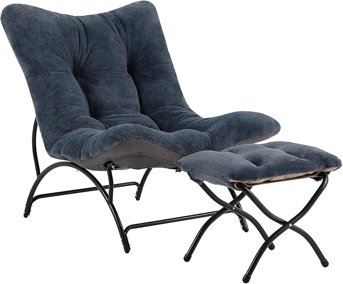 Tiita Accent Lazy Chair with Ottoman Comfy Lounge Chair with Metal Frame and Plush Fabric Thick Cushion Seated Cozy Recliner Chair for Reading Room Living Room Bedroom Office Dark Gray
