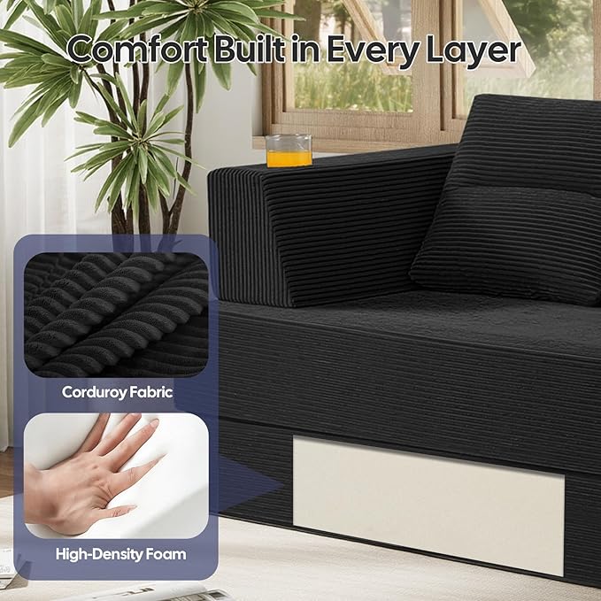 COMAX Futon Sofa Bed Queen 79 Convertible Sofa Bed Couches for Living Room 4 in 1 Folding Boneless Sleeper Corduroy Couch Loveseat Foam In a Box Comfy Foldable Lounge Fold Out Floor Mattress Black