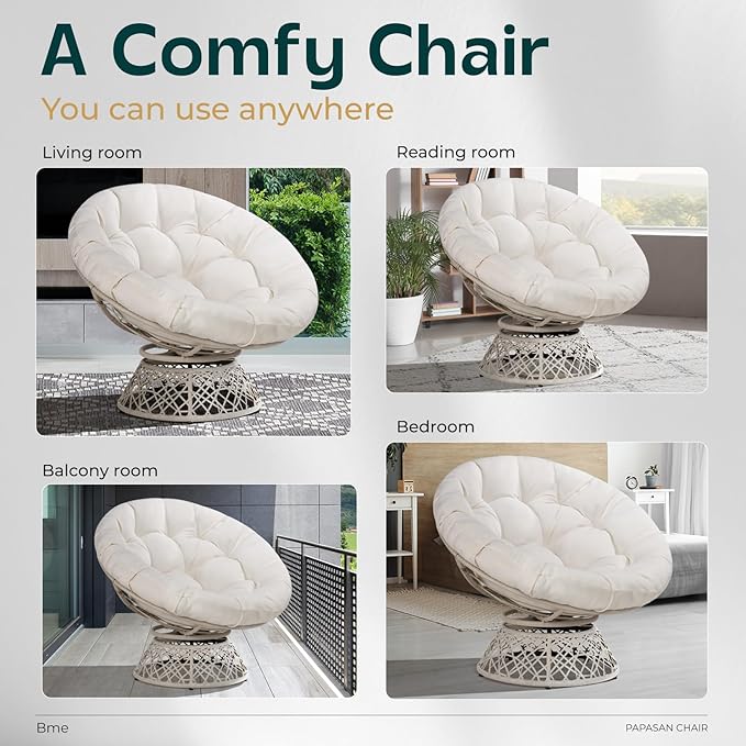Bme 40 Ergonomic Wicker Papasan Chair with Soft Thick Density Fabric Cushion High Capacity Steel Frame 360 Degree Swivel for Living Bedroom Reading Room Lounge