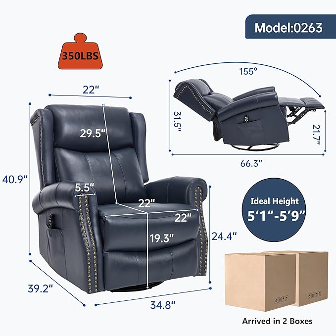 360° Swivel Glider Chair for Nursery Wingback Genuine Leather Rocking Recliner with Lumbar Heat &amp Massage 8-Point Vibration Massage for Living Room Bedroom