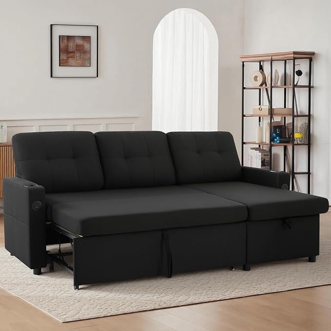 82 Pull Out Sofa BedL-Shape Modern Sleeper Sofa Upholstered Sectional Couch with USB Port and Side Pockets for Living RoomGuest Room (Black)