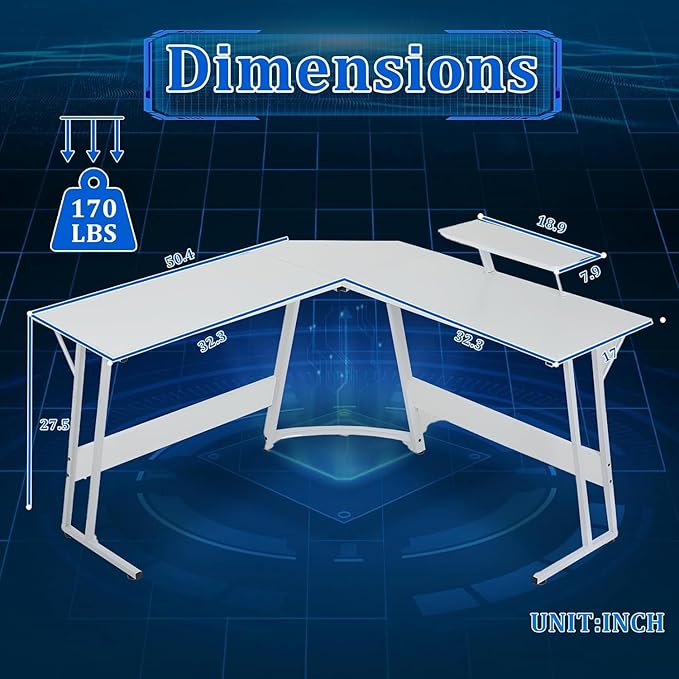 51 inch L Shaped Gaming Desk Computer Desk for Bedroom White L shaped Desk for GamingHome Office Desks with Detachable Monitor Stand Corner Desk for Small PlaceLargeCarbon FiberWhite desk