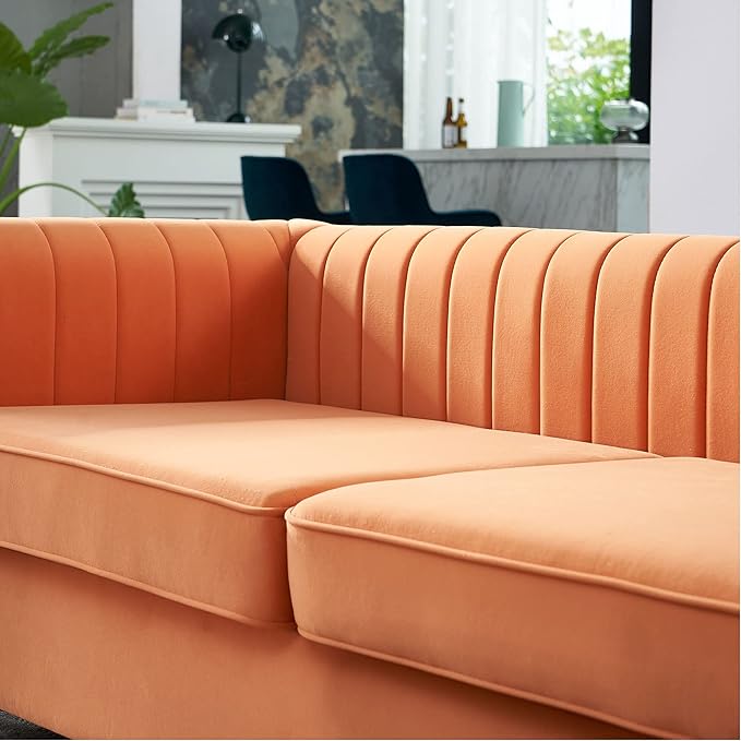 KEIKI 84 Velvet Deep Channel Tufted Sofa with Back Cushions and Rolled Arms Modern Style 3-Seater Couch with Golden Polished Steel Legs Easy Assembly for Living Room Bedroom Office Orange