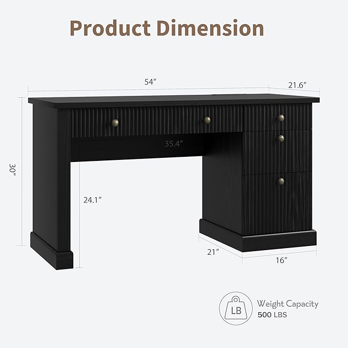 GAOMON 54'' Fluted Home Office Desk with Storage Modern Executive Desk with Charging Station Wooden Computer Desk with Drawers for Storage File Writing Desk for Study Living Room Bedroom