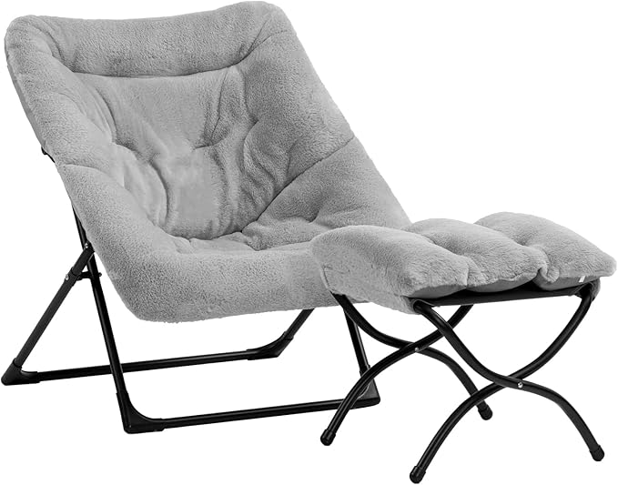 HollyHOME X-Large Saucer Chair with Foldable Ottoman Comfy Oversized Folding Chair and Folding Footrest Stool Set Faux-Fur Reading Chair and Footstool for Living Room Bedroom Grey Chair&ampStool