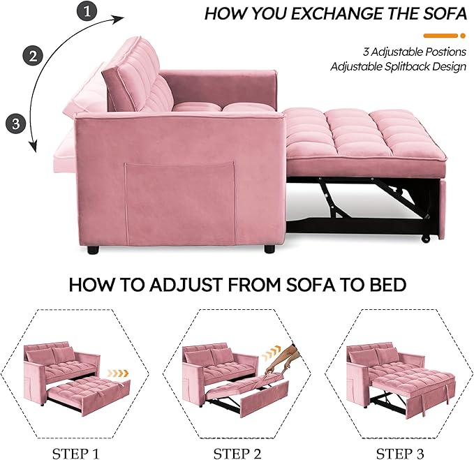 EBELLO 3 in 1 Convertible Sleeper Sofa Bed Modern Velvet Loveseat Couch Pullout Bed for Living Room Small Love Seat Lounge Sofa with Reclining Backrest Pillows and Side Storage Pocket Pink