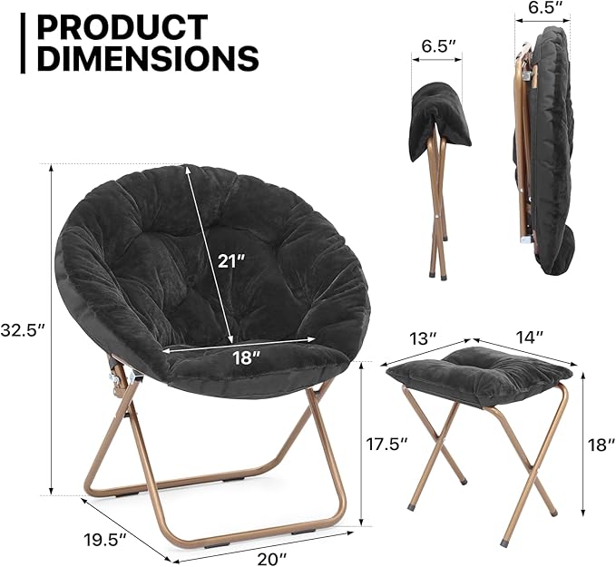 MoNiBloom Round Folding Faux Fur Saucer Chair for Bedroom Living Room Dorm Foldable Metal Frame Oversized Large Comfy Furry Padded Soft Cozy Moon Chair with Footrest Ottoman for Adults (Black)