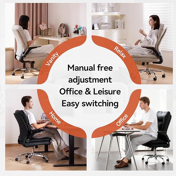 LEAGOO Ergonomic Executive Office Chair Mid Back Comfy Desk Chairs with 3D Padded Flip-up Arms Faux Leather Computer Rolling Chair with Wheels for Home Adjustable Height 300lbs Beige