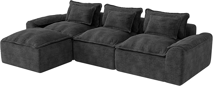 Hobestluk 120 Cloud Modular Sectional Couch 3-Seater Sofa with Ottoman L Shaped Sofa with Removable Cover Large Sofa Couch for Living Room (Dark Grey 3-Seater Sofa with One Ottoman)