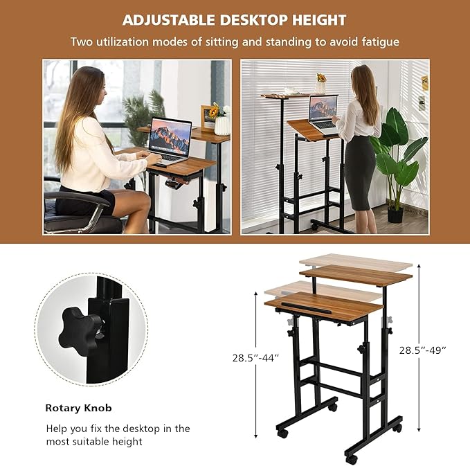 Standing Desk Height Adjustable Sit-Stand Desk with Tiltable Desk Top Rolling Laptop Stand &amp Workstation Mobile Stand up Computer Desk on Wheels for Small Spaces Home &amp Office (Coffee)