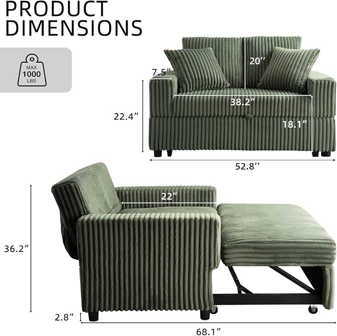 3 in 1 Convertible Sofa Bed52.8 Pull Out Couch with 2 Pillows and Side PocketsModern Corduroy Fabric Sleeper Loveseat with Adjustable Backrest for Living Room Bedroom Apartment (Green Corduroy)