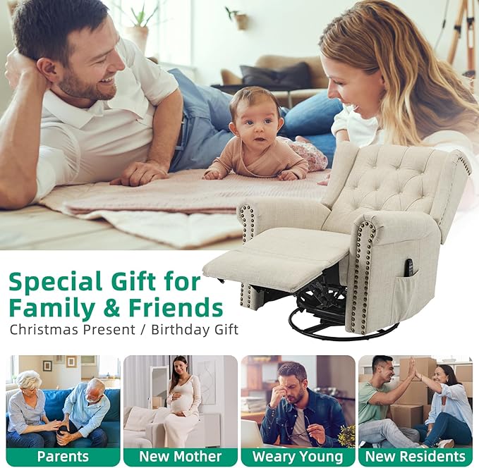 VIVIJASON Power Swivel Rocking Recliner Chair with Massage &amp Heat Electric Rocker Nursery Glider Chair Wingback Tufted Upholstered Recliner W/Type-C &amp USB Ports for Living Room Bedroom Bei