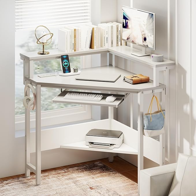 DUMOS Conner Desk Home Office Computer Desk for Small Space with LED Lights Gaming Table with Storage Shelves Power Outlets Monitor Stand Keyboard Tray for Bedroom White