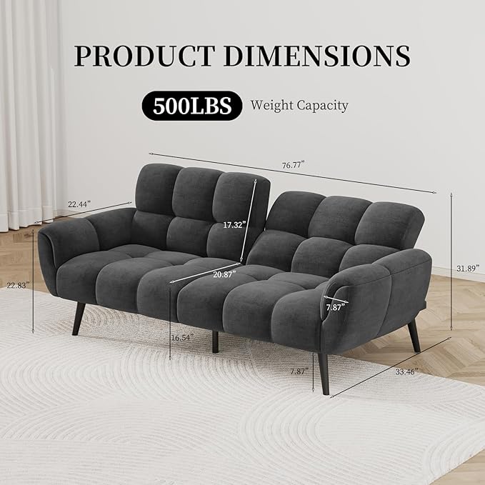 Convertible Futon Sofa Bed 76.77 Modern Linen Futon Couch Comfy Sleeper Sofa with Adjustable Backrests Couch Bed for Small Spaces Living Room Bedroom Apartment Dark Grey