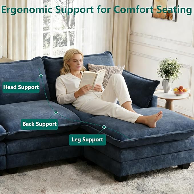 Modular Sectional U Shaped Sofa Couches for Living Room Cloud Couch with Movable Ottoman Comfy Chenille Sofa with Pillow for Bedroom and ApartmentBlue
