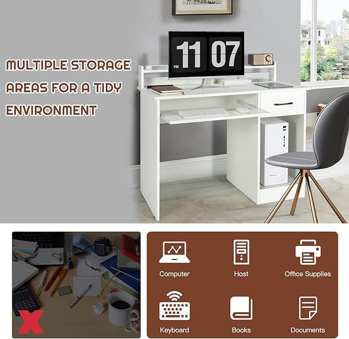 COSTWAY Computer Desk with Hutch Home Office Desk with Drawer Adjustable Shelf &amp Keyboard Tray Study Writing Desk Executive Workstation for Living Room Bedroom &amp Study (White)