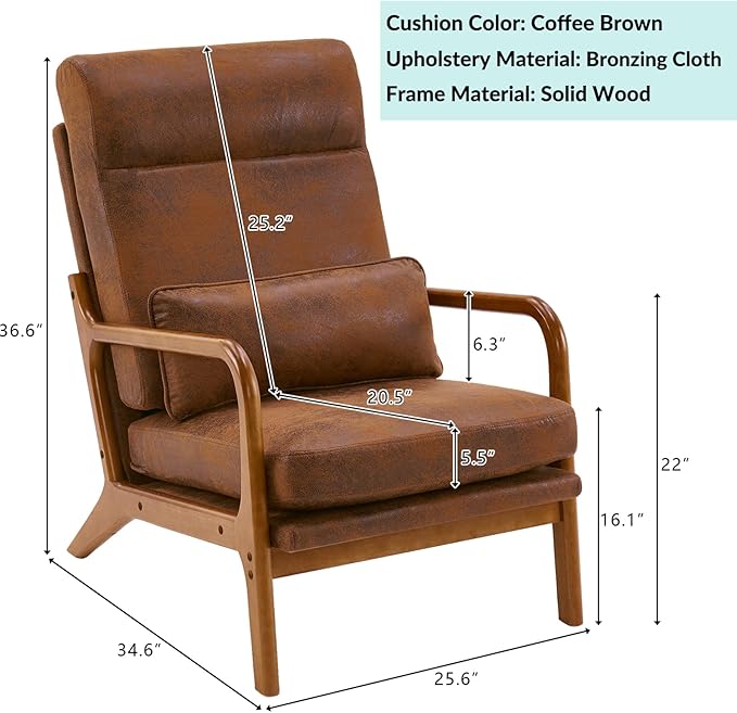 JOYBASE Lounge Accent Chair Mid Century Modern Chair High Back Chair Wood Frame Armchair Comfy Reading Chair for Living Room Office Bedroom (Coffee Brown Bronzing Cloth)
