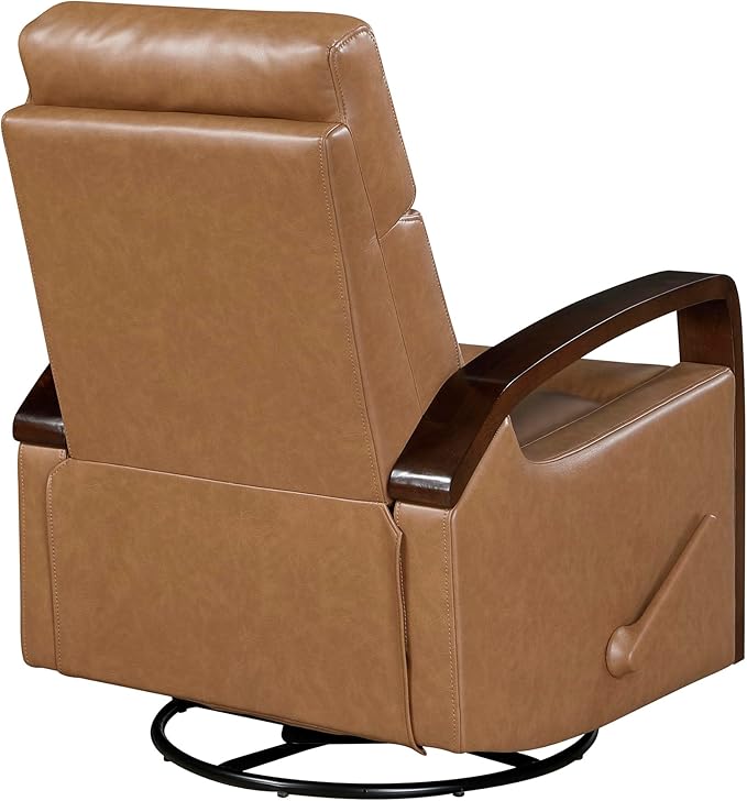 Lexicon 360 Degree Swivel Glider Reclining Chair Breathable Faux Leather Manual Recliner Comfy Nursery Glider Recliner Wood Arms Pull Handle for Living Room/Office/Bedroom/Apartment Camel Brown